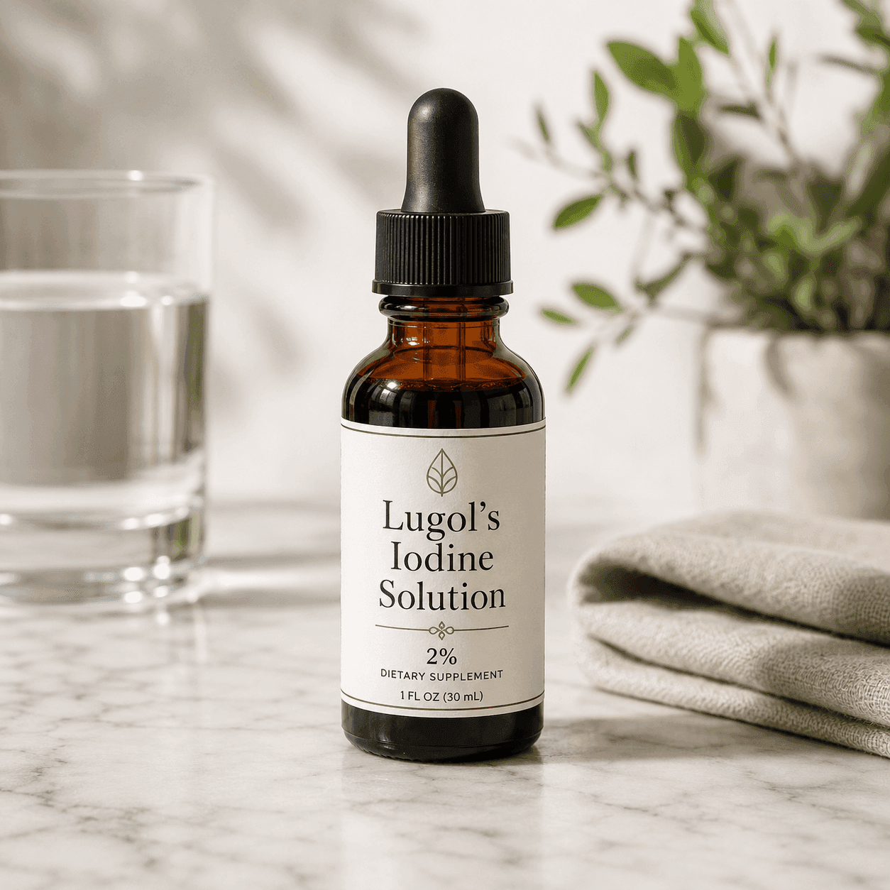 An amber dropper bottle labeled Lugol's Iodine Solution 2% beside a glass of water