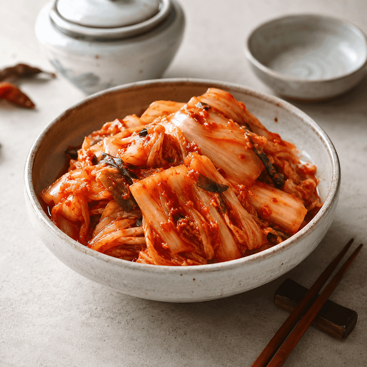 A bowl of kimchi with chopsticks beside ceramic pots