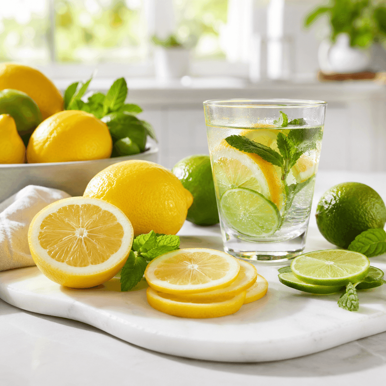 A glass of mint-infused citrus water beside whole, halved, and sliced lemons and limes on a marble board