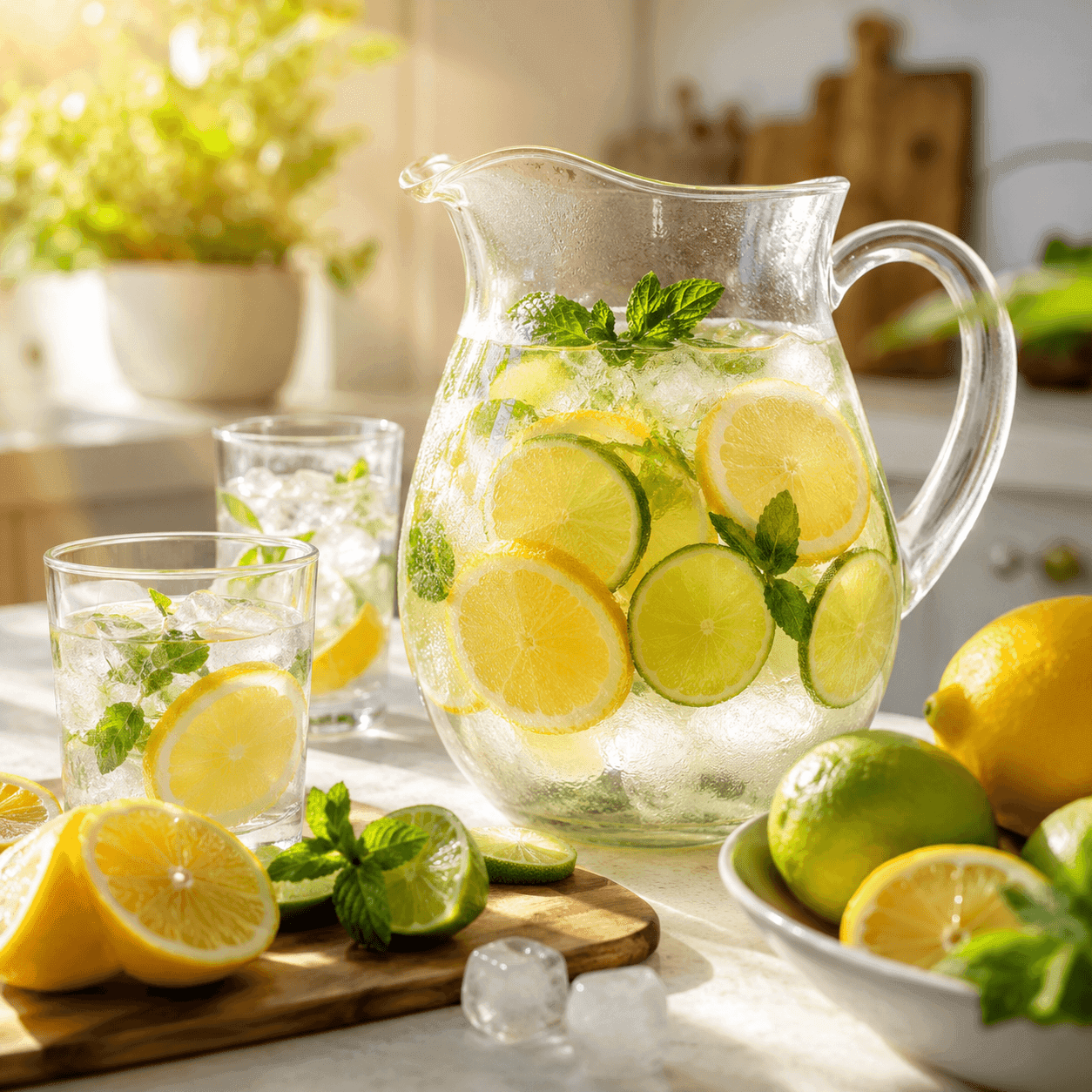 A glass pitcher and glasses of lemon and lime water with mint and ice, beside a bowl of citrus fruit