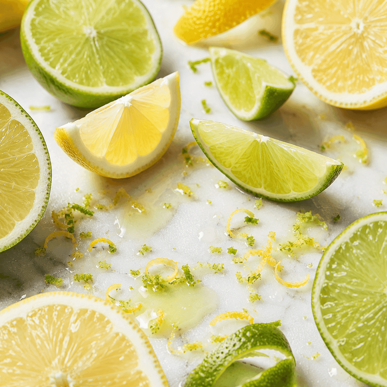 A close-up flat-lay of cut lemon and lime wedges, slices, and scattered citrus zest on marble
