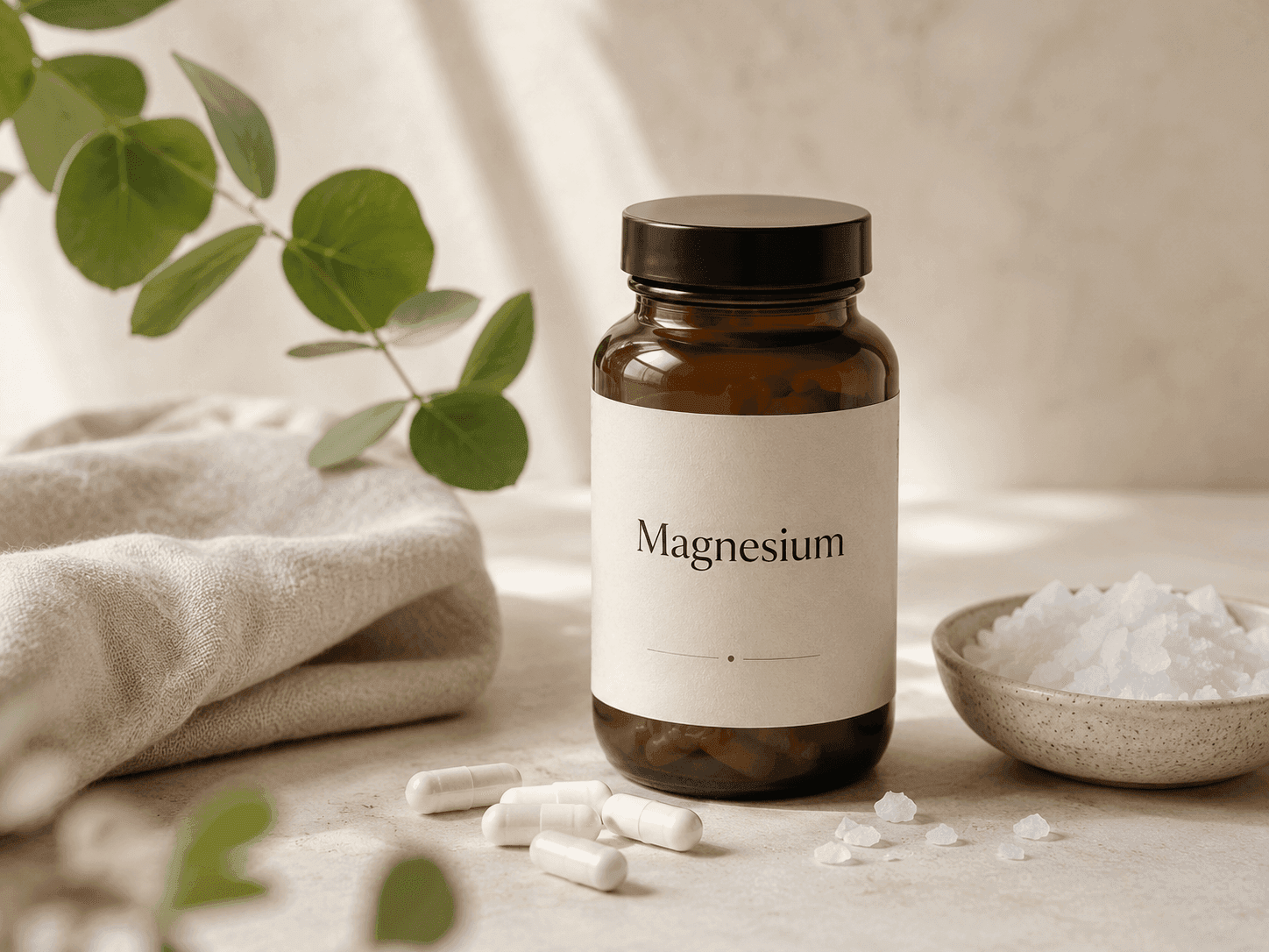 An amber glass bottle of magnesium supplements beside capsules, salt flakes, and a sprig of eucalyptus
