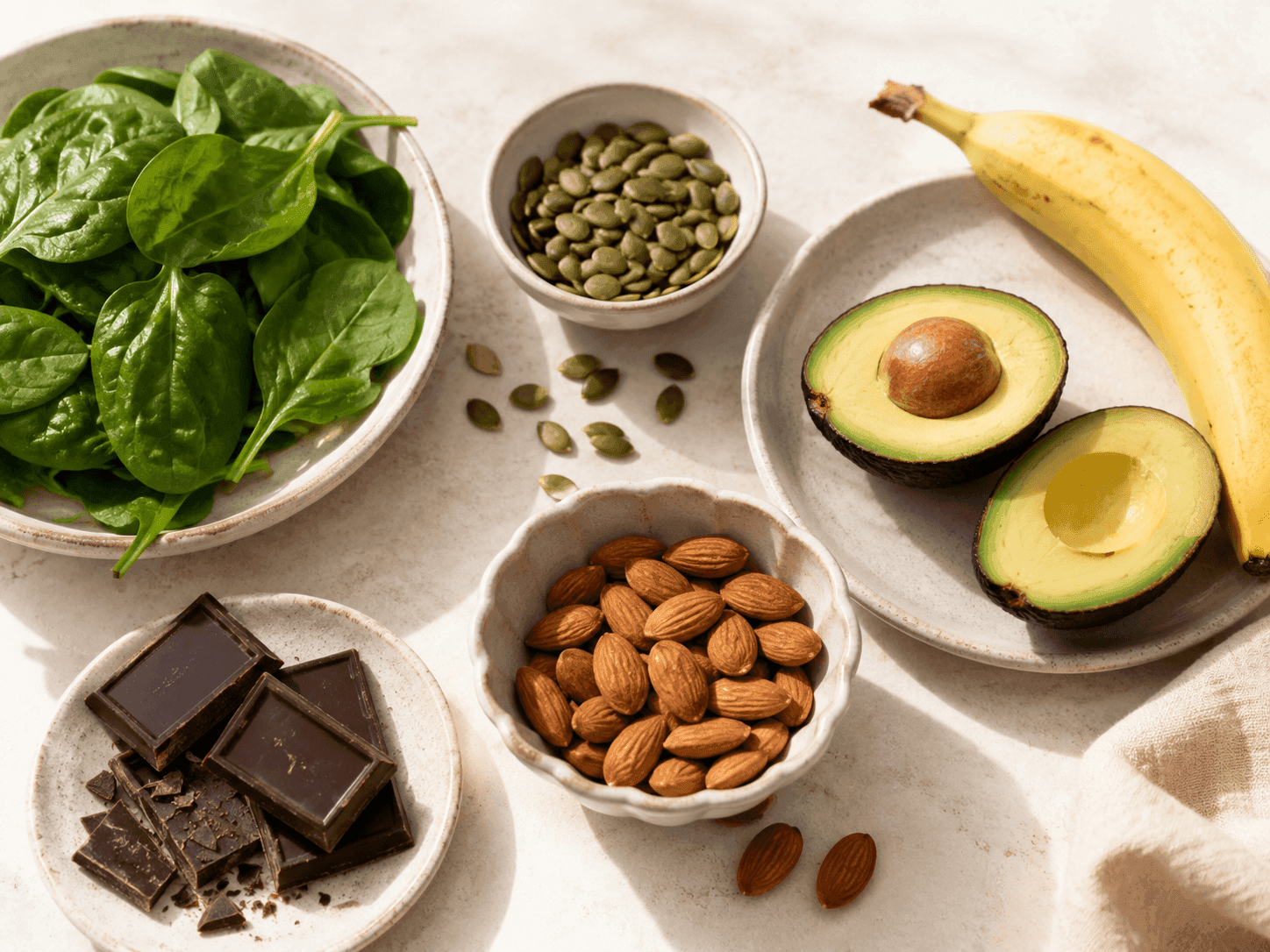 Magnesium-rich foods on a table — spinach, pumpkin seeds, almonds, dark chocolate, avocado, and a banana
