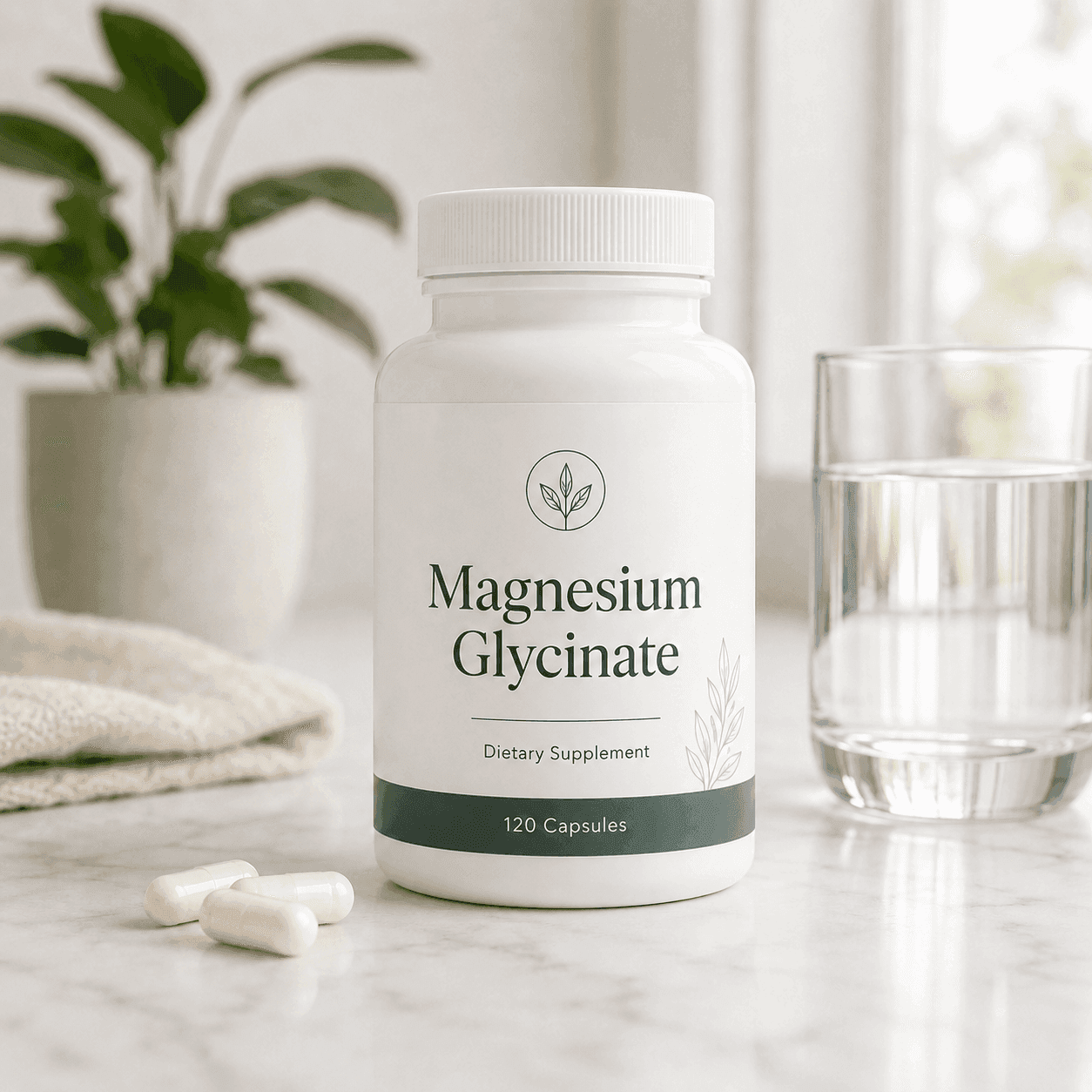 A white bottle labeled Magnesium Glycinate on a marble counter beside a leafy plant, a glass of water, and two capsules