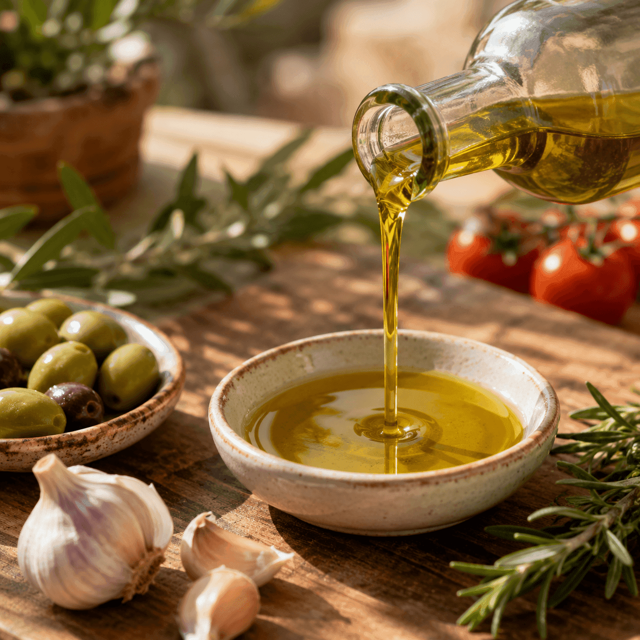 Olive oil being poured from a bottle into a small white dish, surrounded by garlic, olives, rosemary, and tomatoes