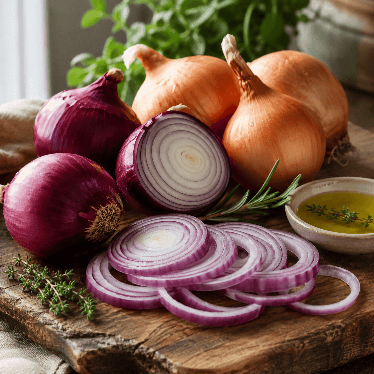 Whole red and yellow onions, a halved red onion, and red onion rings on a wooden board with rosemary, thyme, and a small dish of oil