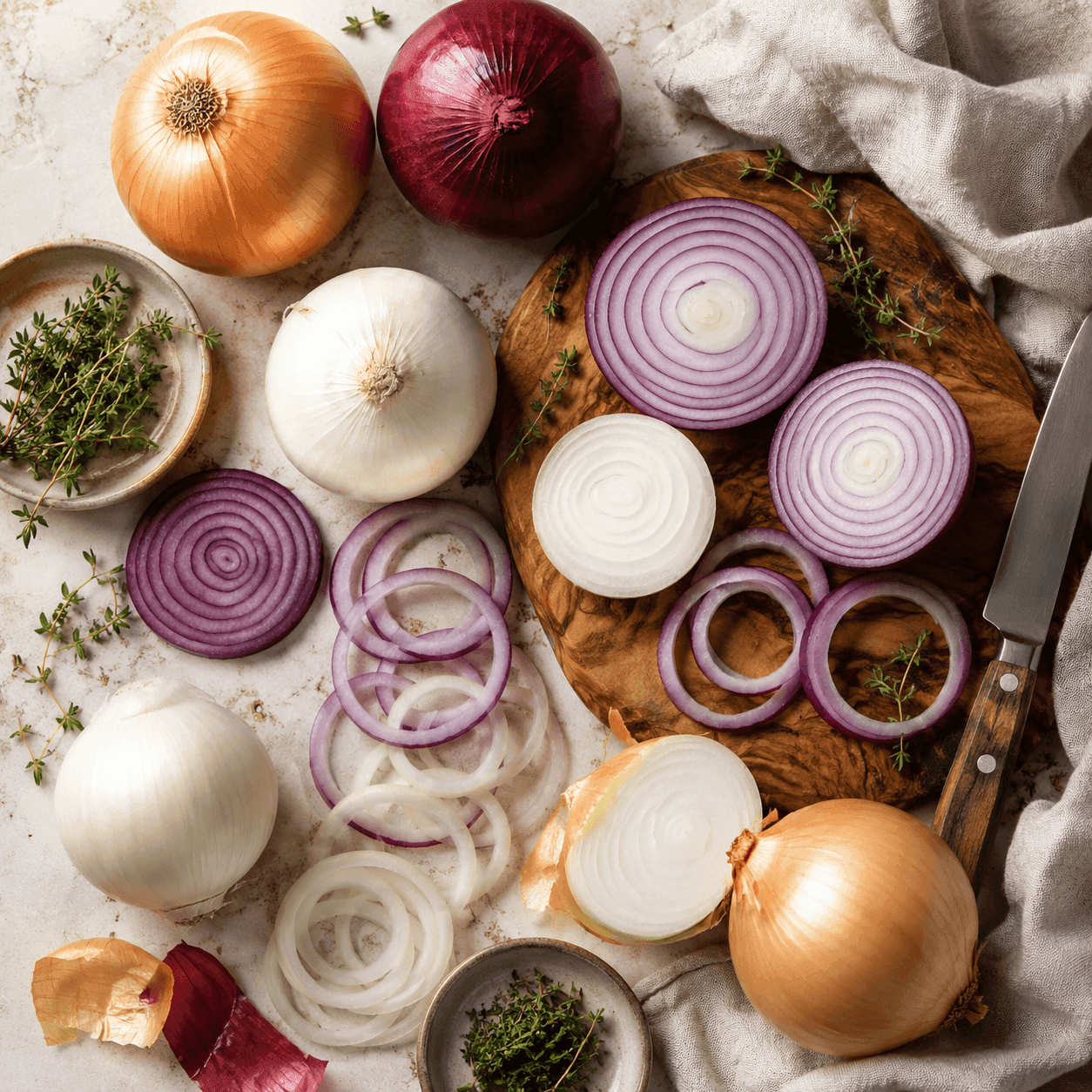 Overhead view of yellow, red, and white onions — whole and sliced into rings — on a marble surface with a knife and fresh thyme