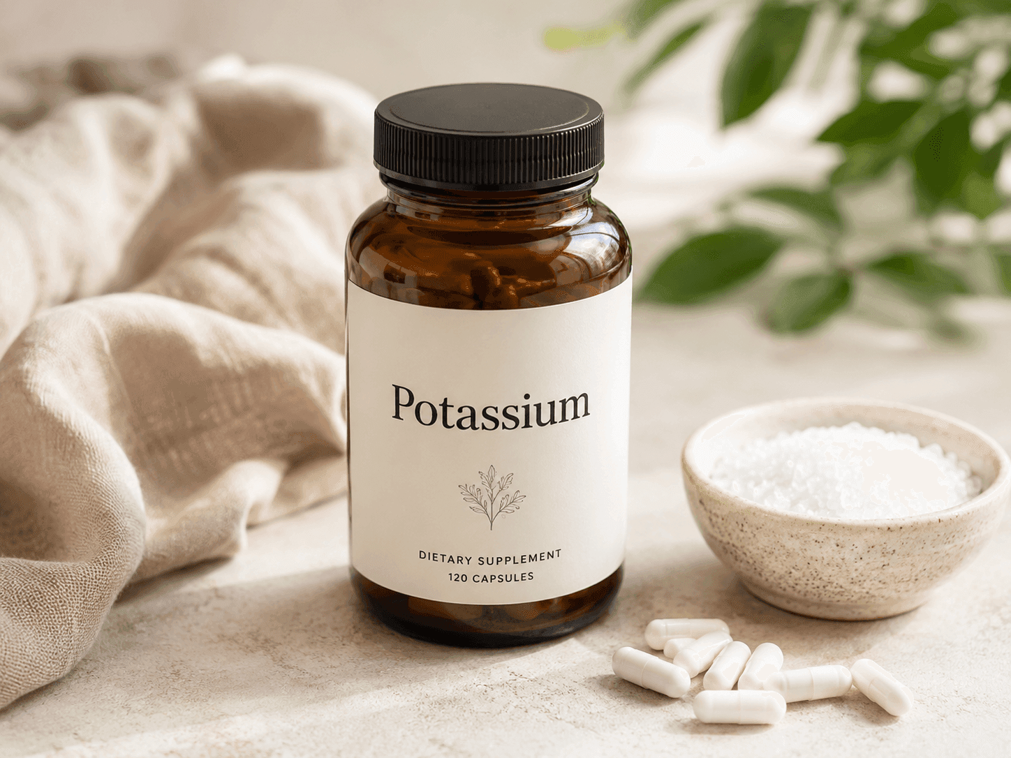 An amber glass bottle of potassium supplements with linen cloth, capsules, and a small bowl of salt