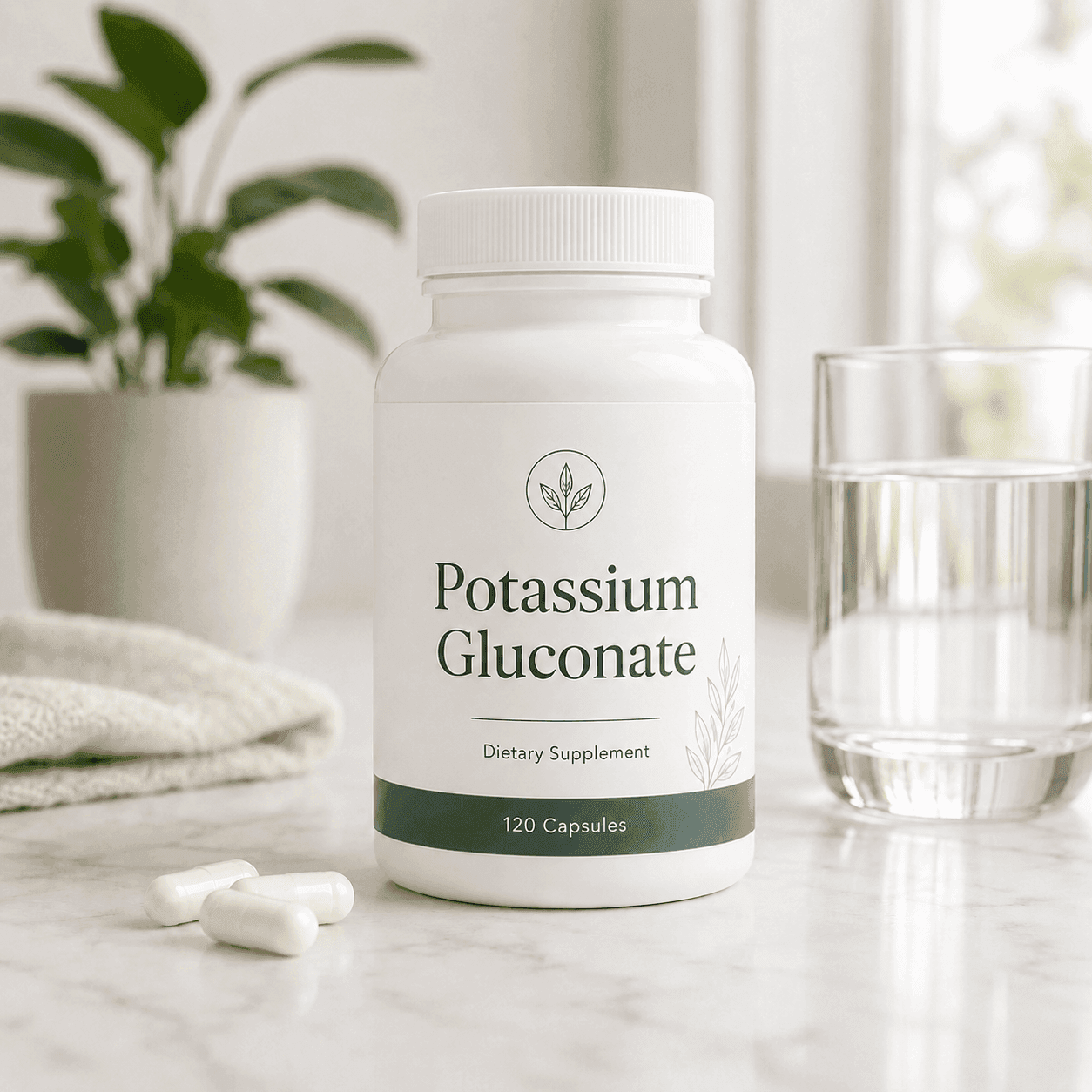 A white bottle labeled Potassium Gluconate on a marble counter beside a leafy plant, a glass of water, and two capsules