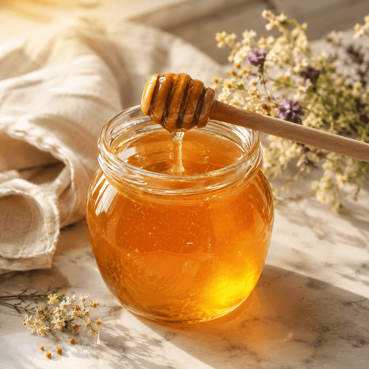 A glass jar of golden raw honey with a wooden dipper resting across it, beside dried flowers