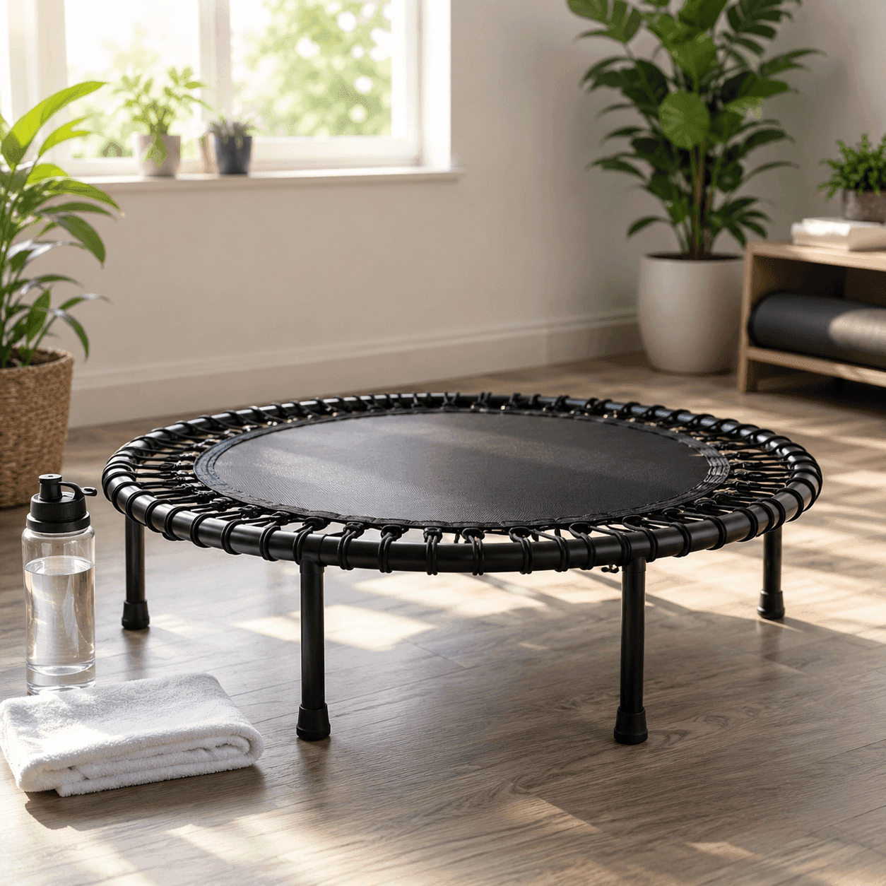 A bungee-corded mini trampoline rebounder on a wood floor beside a folded towel and water bottle