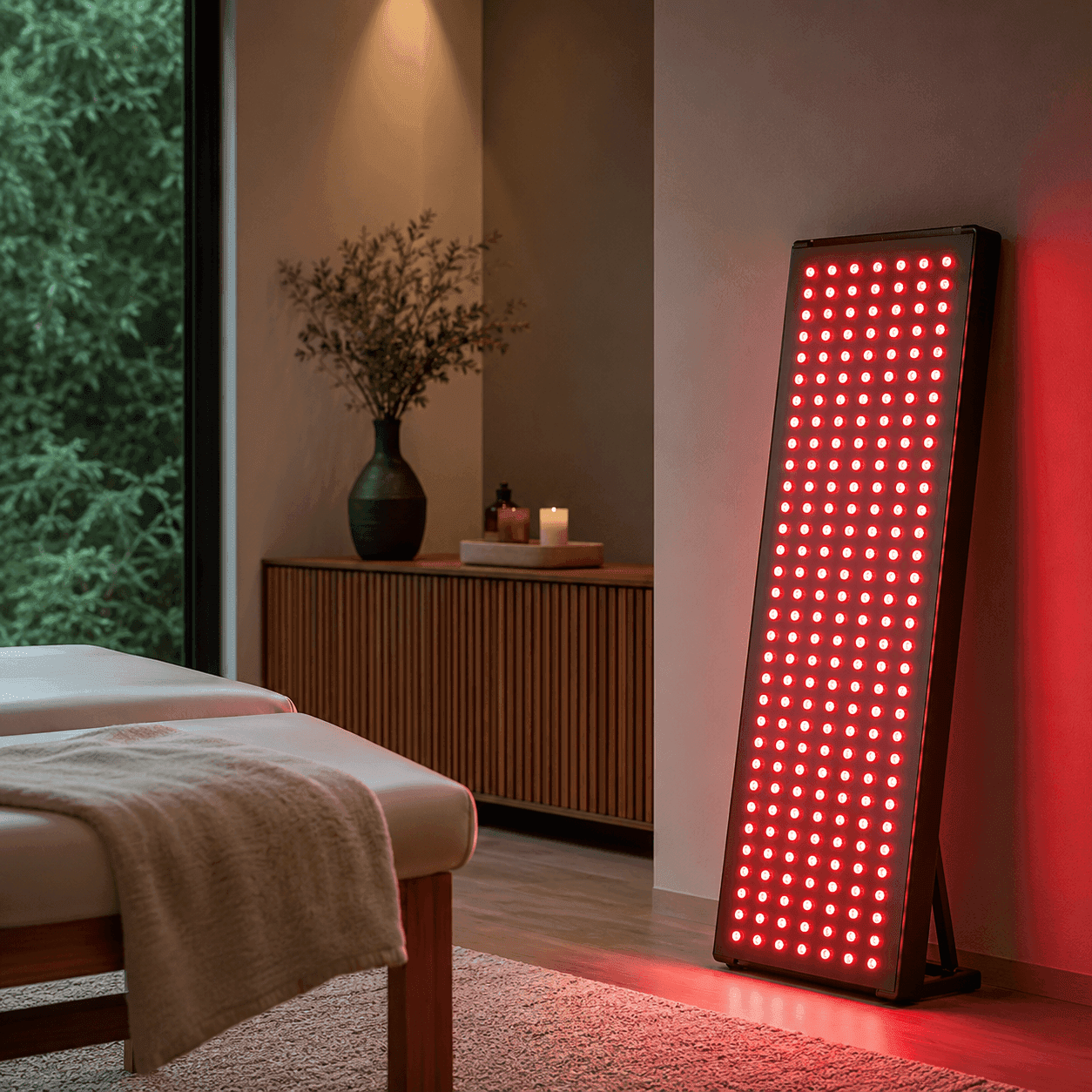 A tall red light therapy panel glowing beside a massage table in a dimly lit room