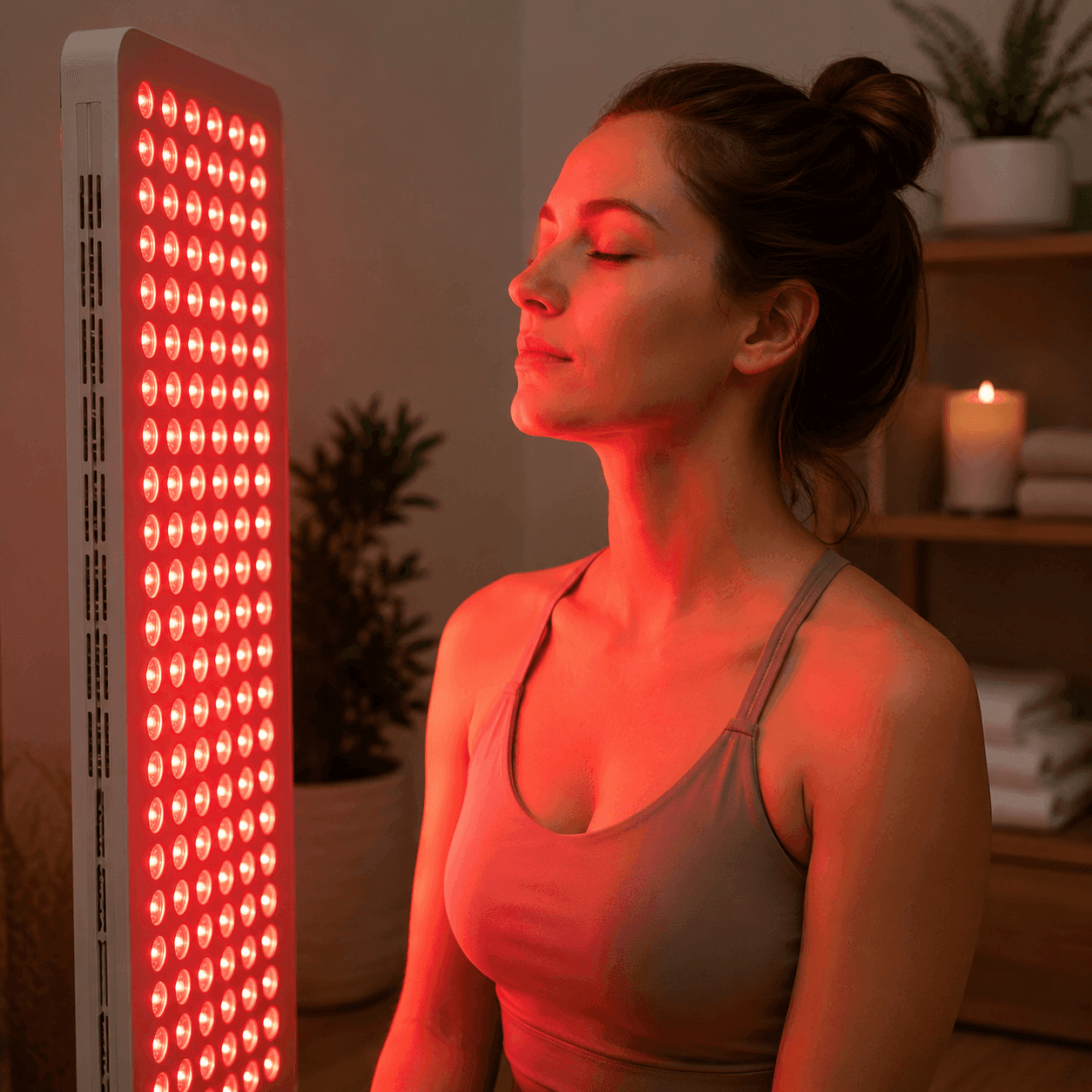 A woman with eyes closed sitting in front of a glowing red light therapy panel illuminating her face