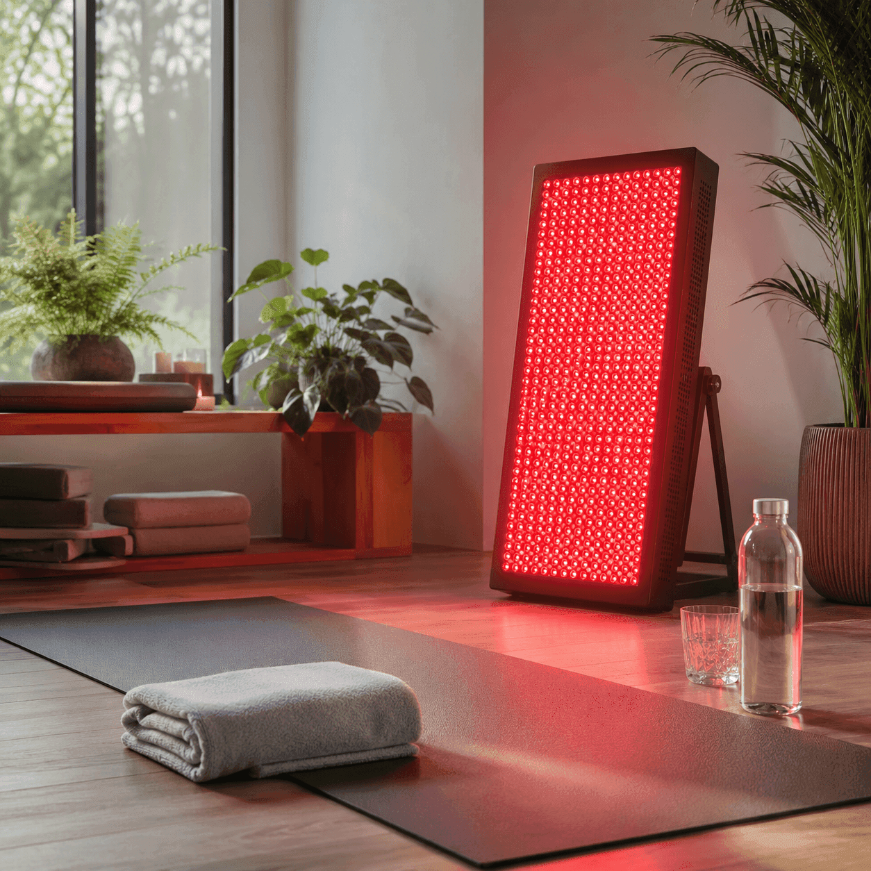 A red light therapy panel on a stand glowing over a yoga mat in a bright room with plants, a towel, and water