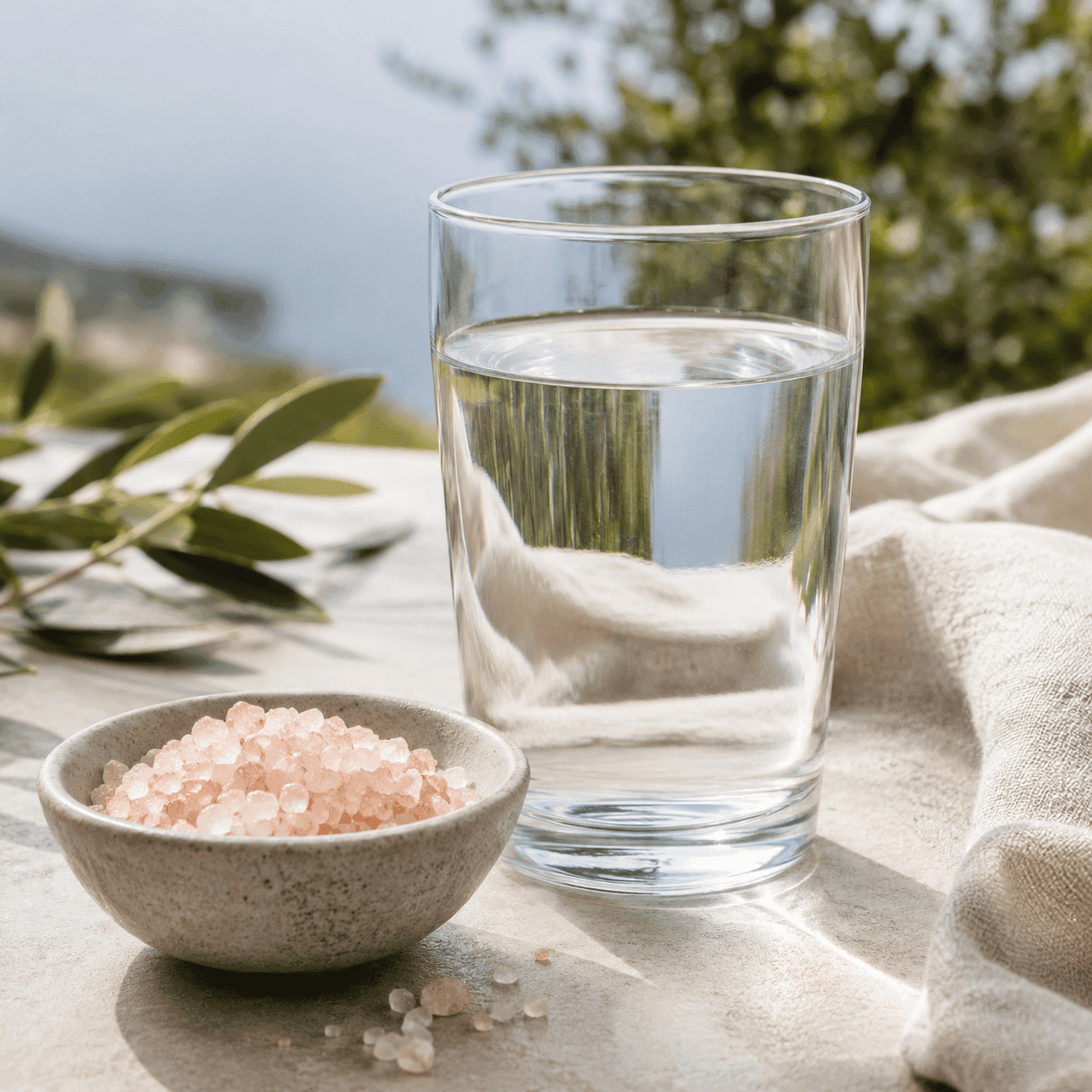 A bowl of pink salt beside a glass of salt water