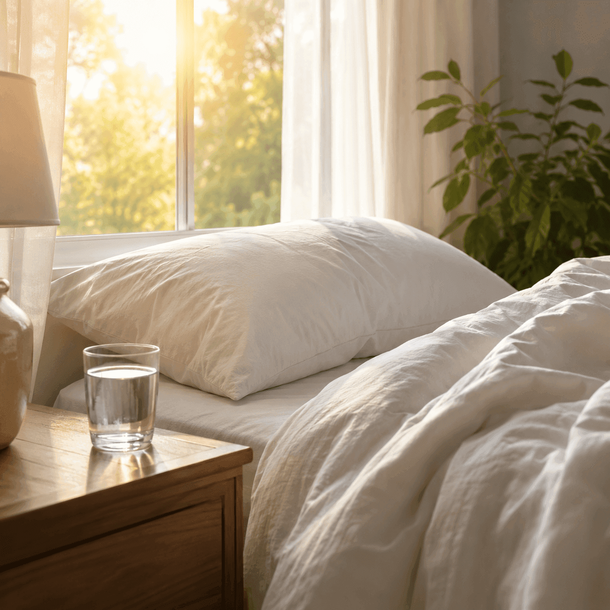 A bed with white linens beside a window as morning sunlight streams through sheer curtains