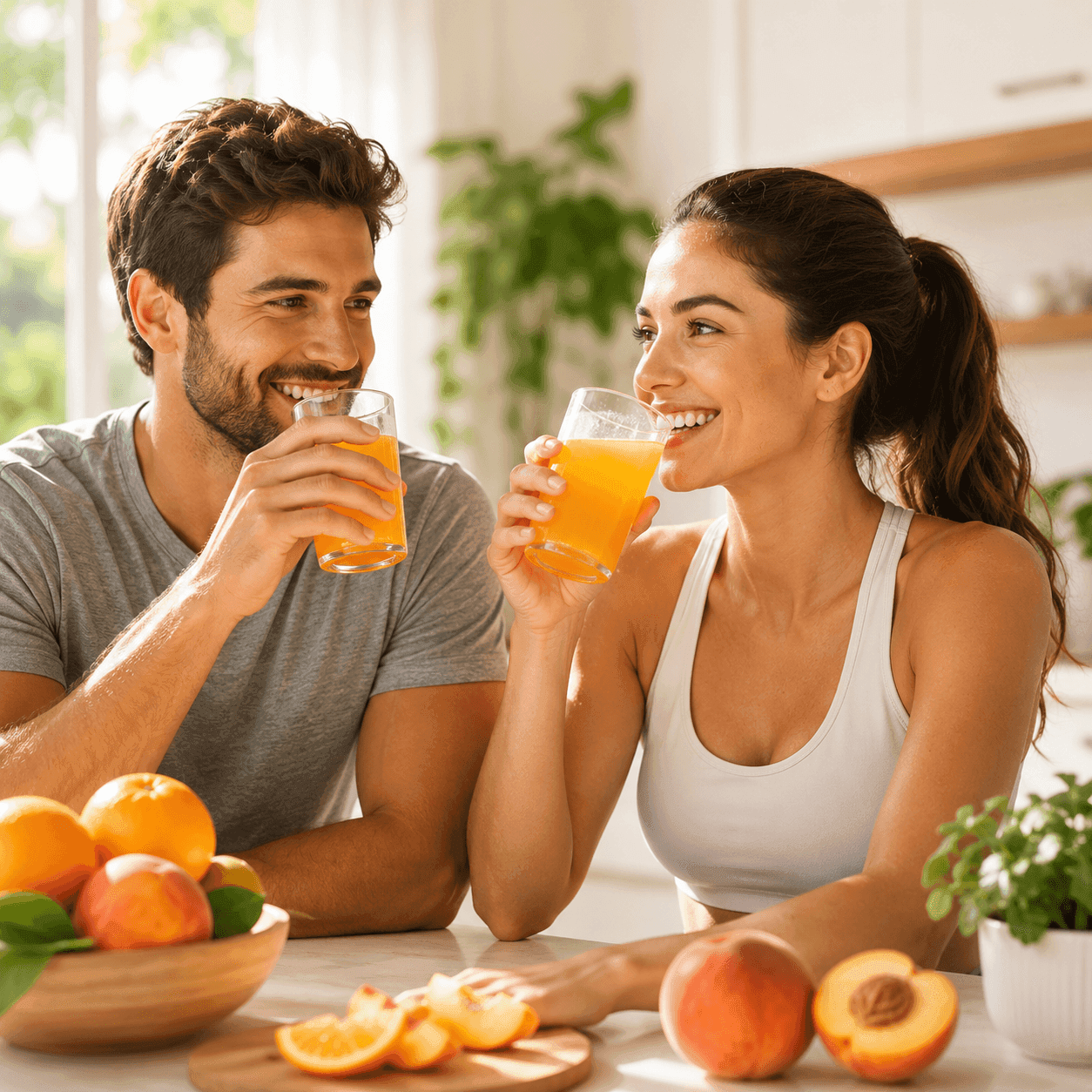 A smiling couple in a bright kitchen drinking glasses of orange juice, with a bowl of oranges and sliced fruit in front of them