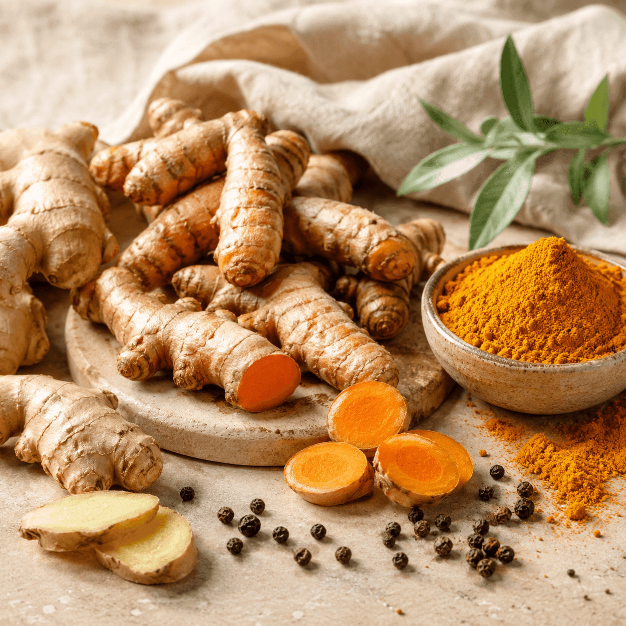 Fresh turmeric and ginger roots beside a bowl of bright orange turmeric powder and scattered black peppercorns on a pale surface