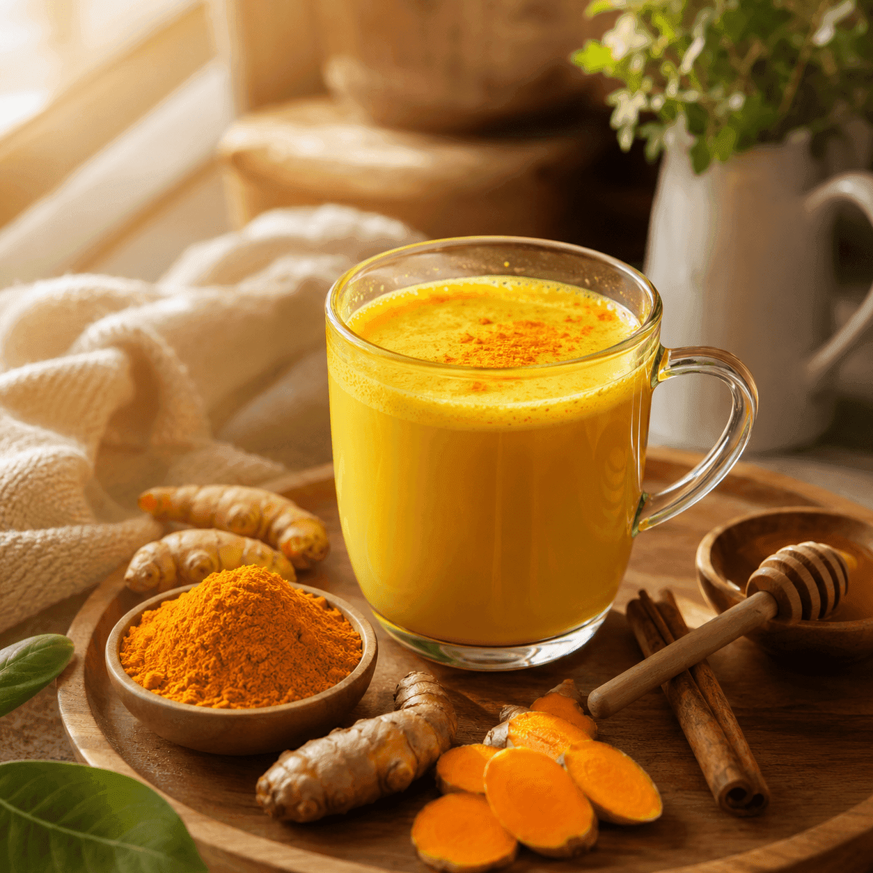 A glass mug of golden milk turmeric latte on a wooden tray with turmeric powder, fresh root, and cinnamon sticks