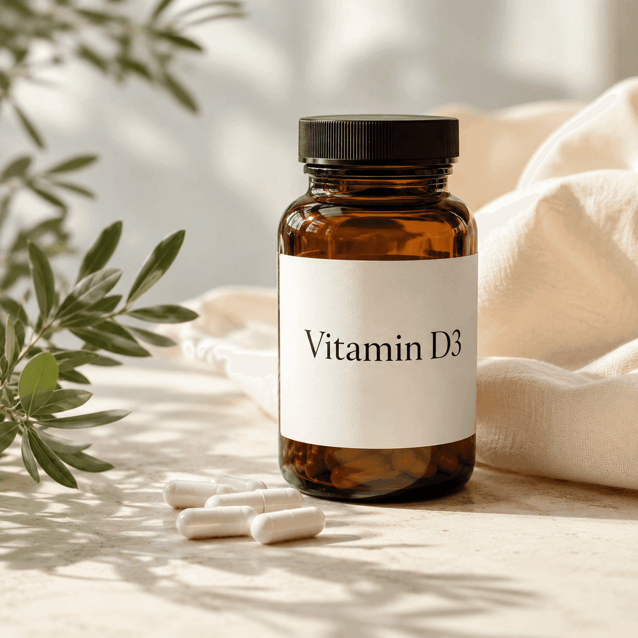 An amber glass supplement bottle labeled Vitamin D3 with a few white capsules beside it on a sunlit surface with an olive branch