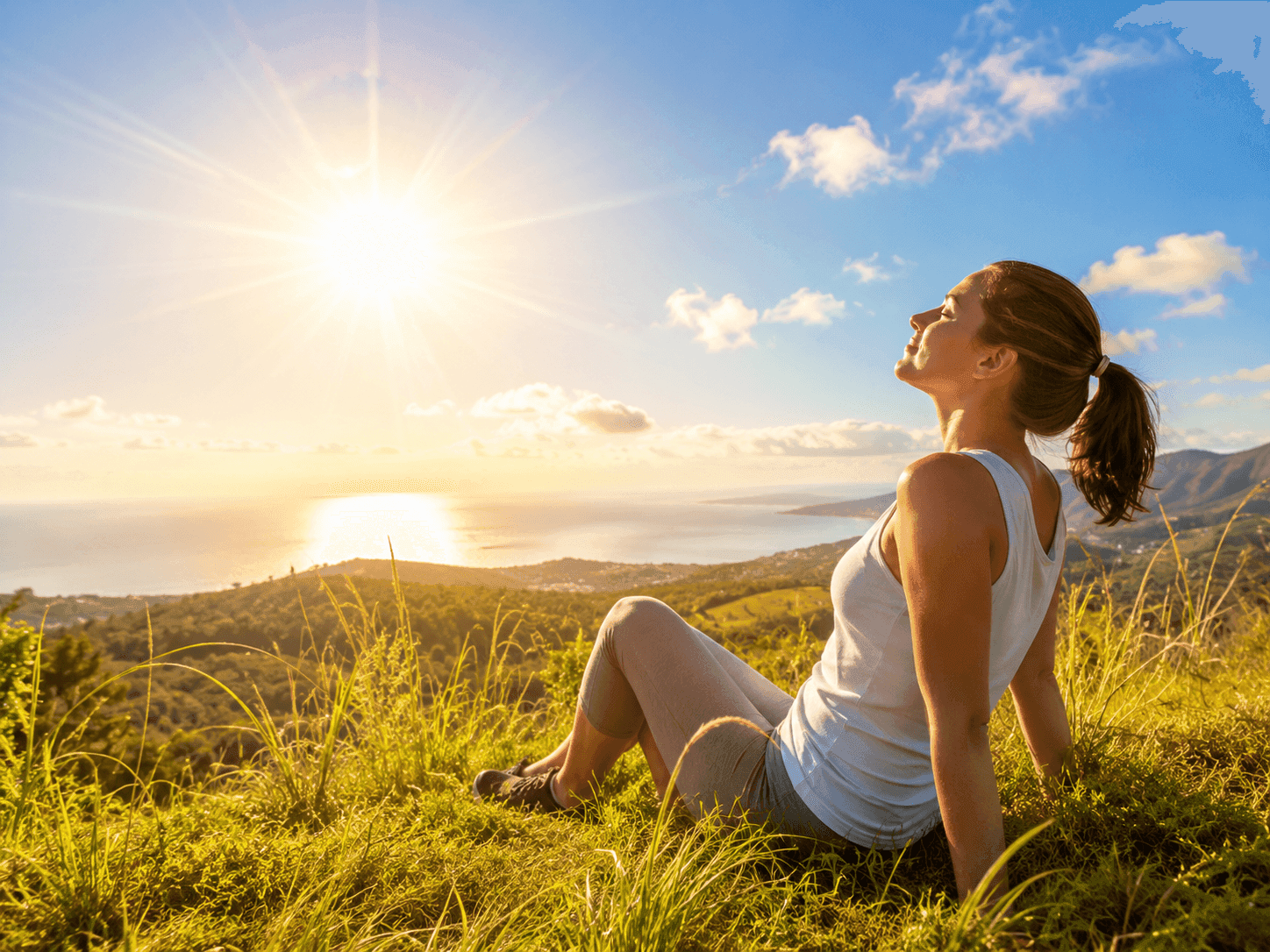 A woman sitting on a grassy hilltop at sunrise, face turned up to the sun, with the sea in the distance