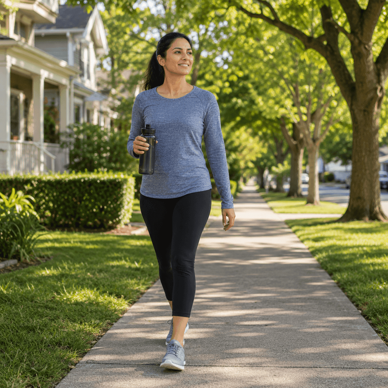 Woman in a blue long-sleeve top walking on a tree-lined suburban sidewalk carrying a water bottle