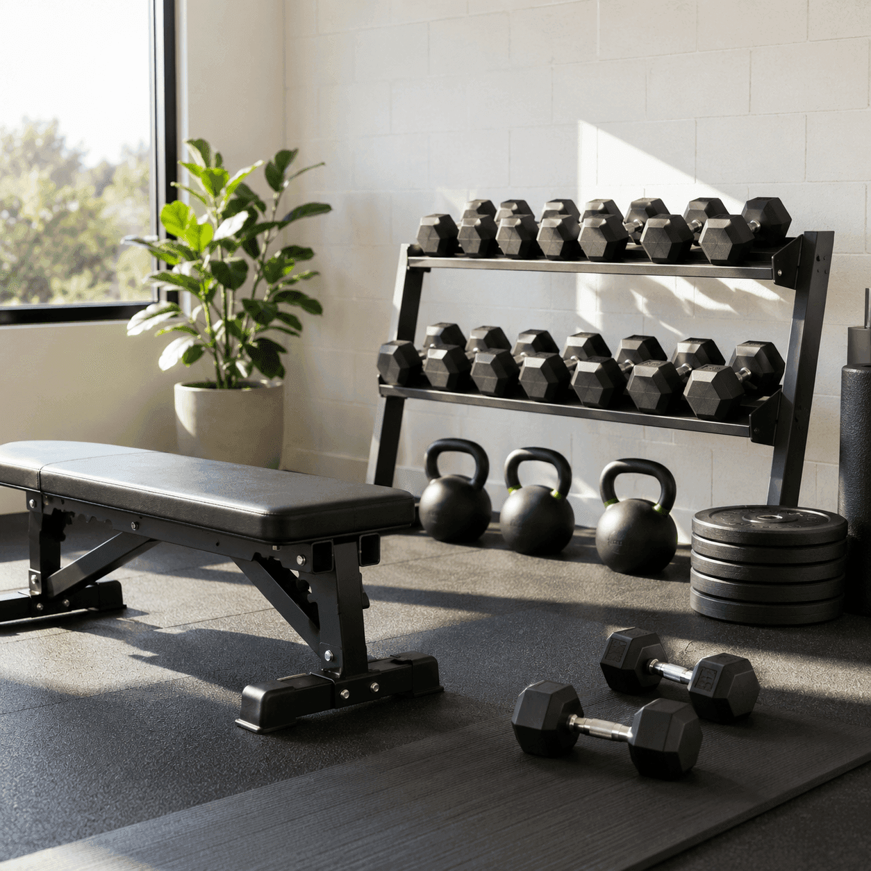 Home gym corner with a dumbbell rack, flat bench, kettlebells, and weight plates