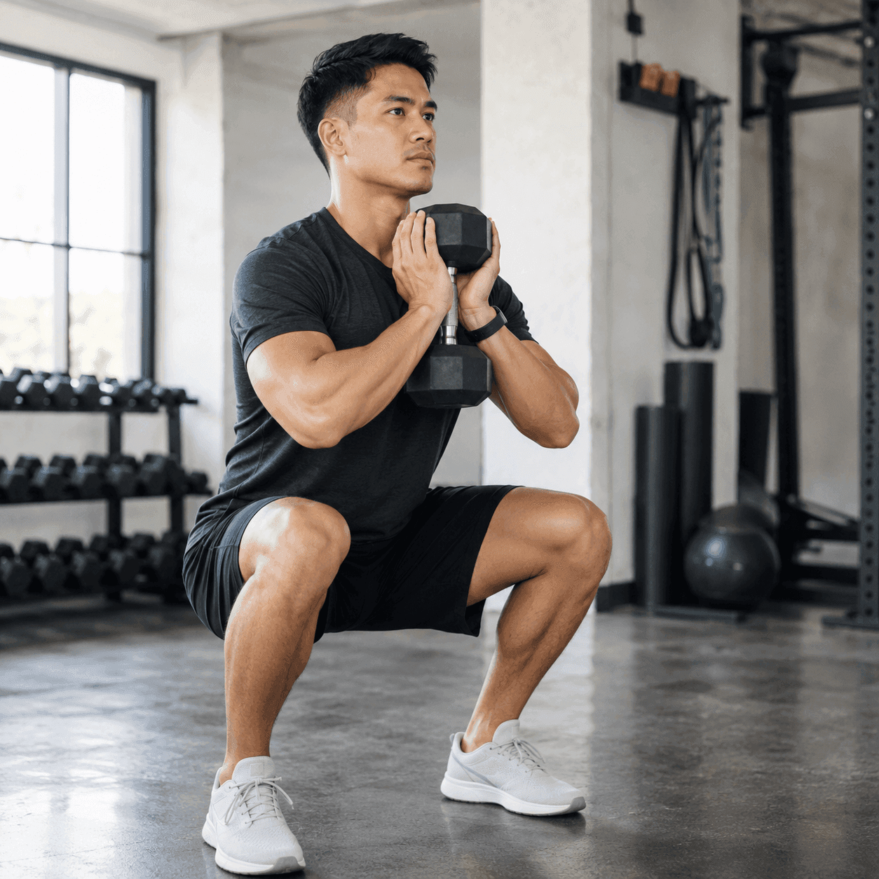 Man performing a goblet squat with a dumbbell held to his chest in a gym