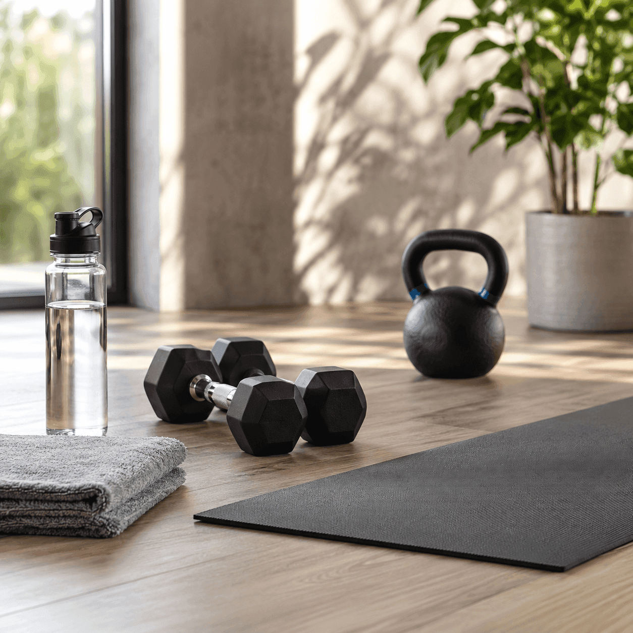 A pair of dumbbells, a kettlebell, water bottle, towel, and exercise mat arranged on a wood floor