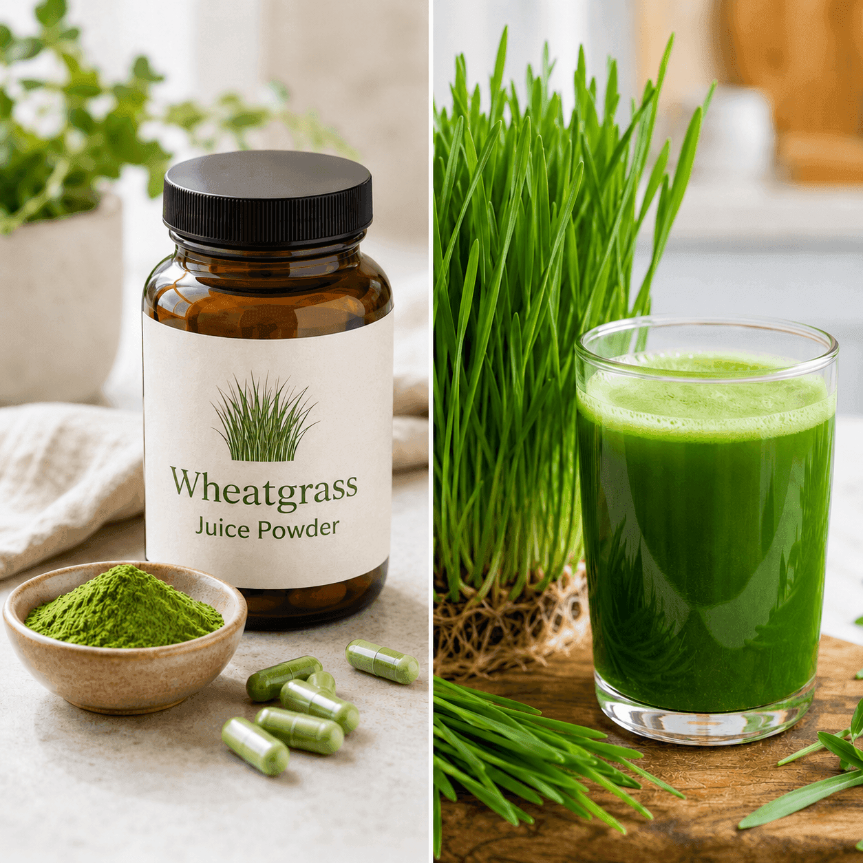Side-by-side of a wheatgrass juice powder jar with capsules and a tall glass of green wheatgrass juice with fresh grass