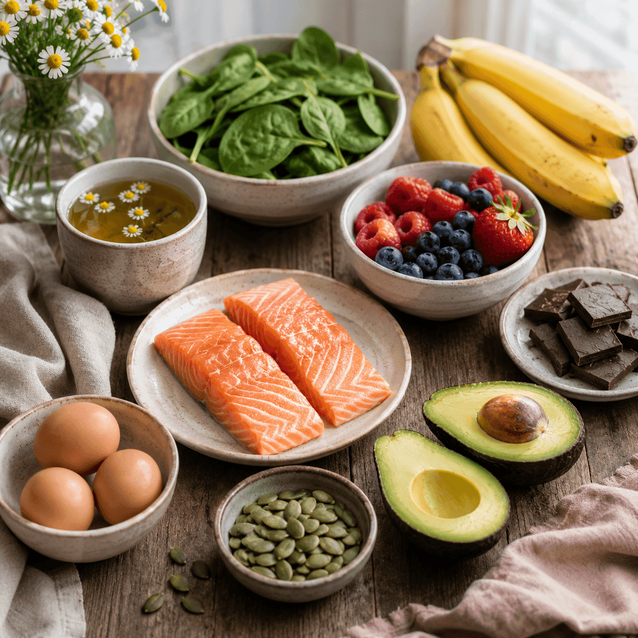 A spread of hormone-supportive whole foods: spinach, wild salmon, berries, bananas, eggs, avocado, pumpkin seeds, dark chocolate, and chamomile tea