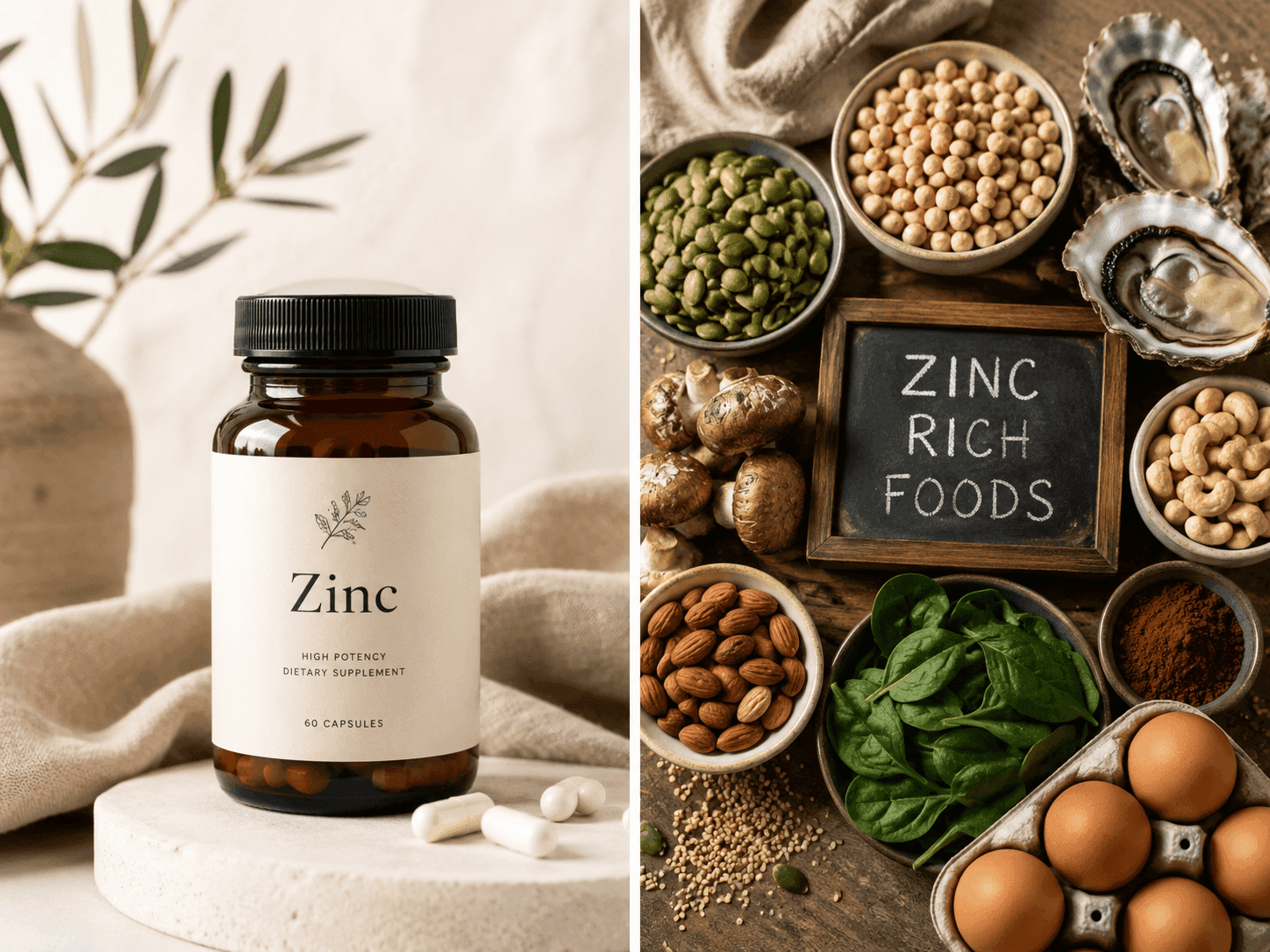 Side-by-side of a Zinc supplement bottle with capsules and a chalkboard reading Zinc Rich Foods surrounded by oysters, eggs, nuts, seeds, and spinach