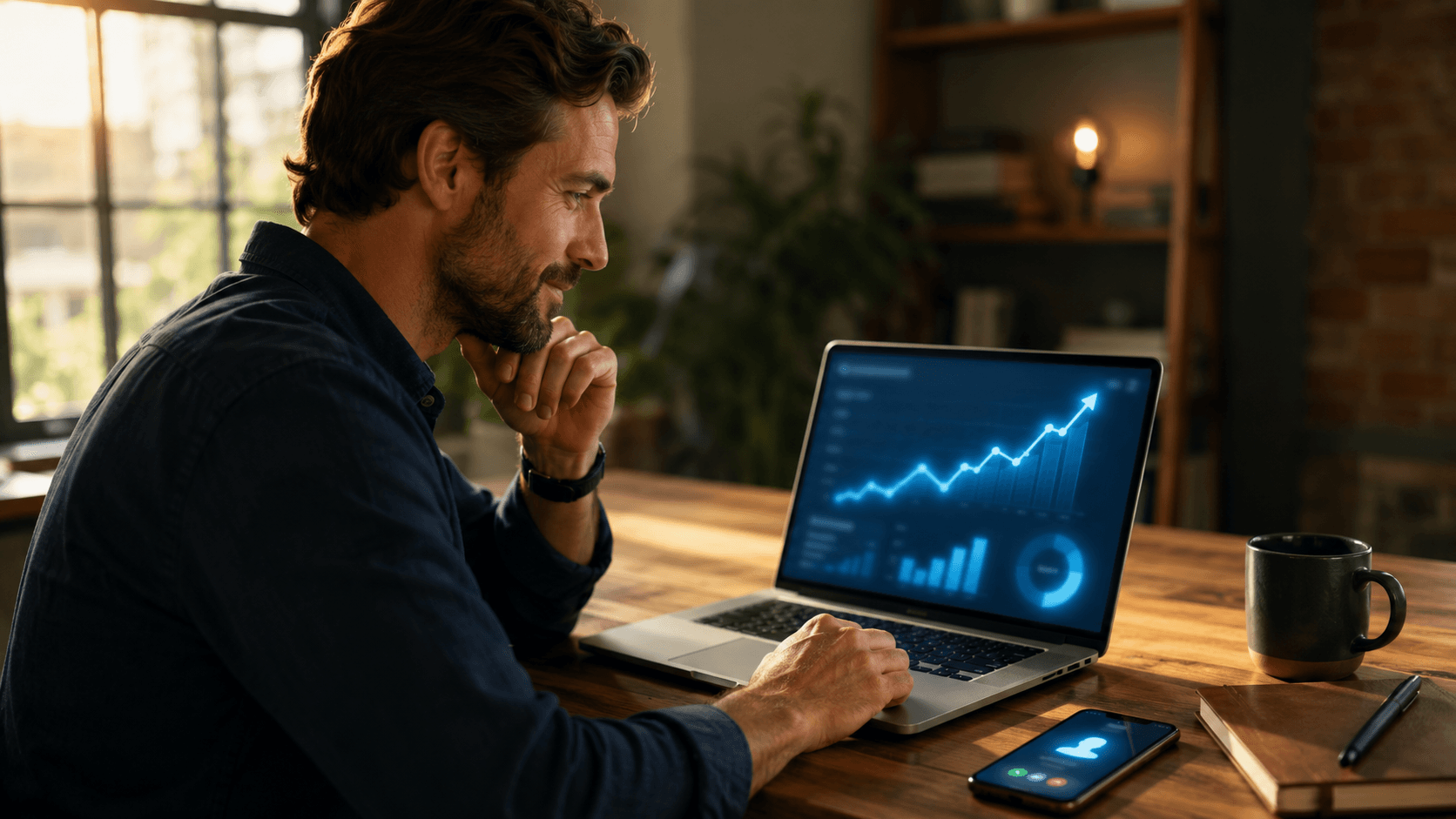 A small-business owner reviewing rising ad performance on a laptop
