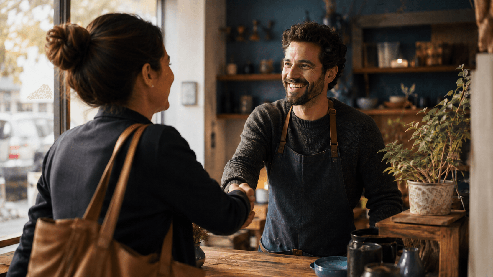 A shop owner warmly greeting a new customer who just walked in